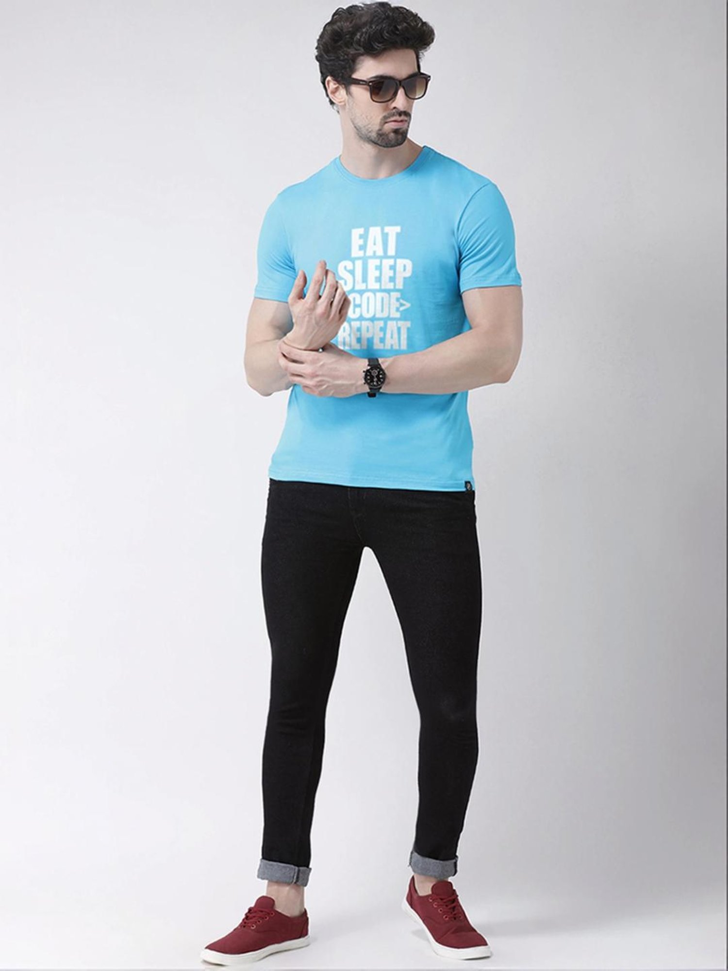 Friskers Turquoise Blue Cotton Slim Fit Printed T-Shirt