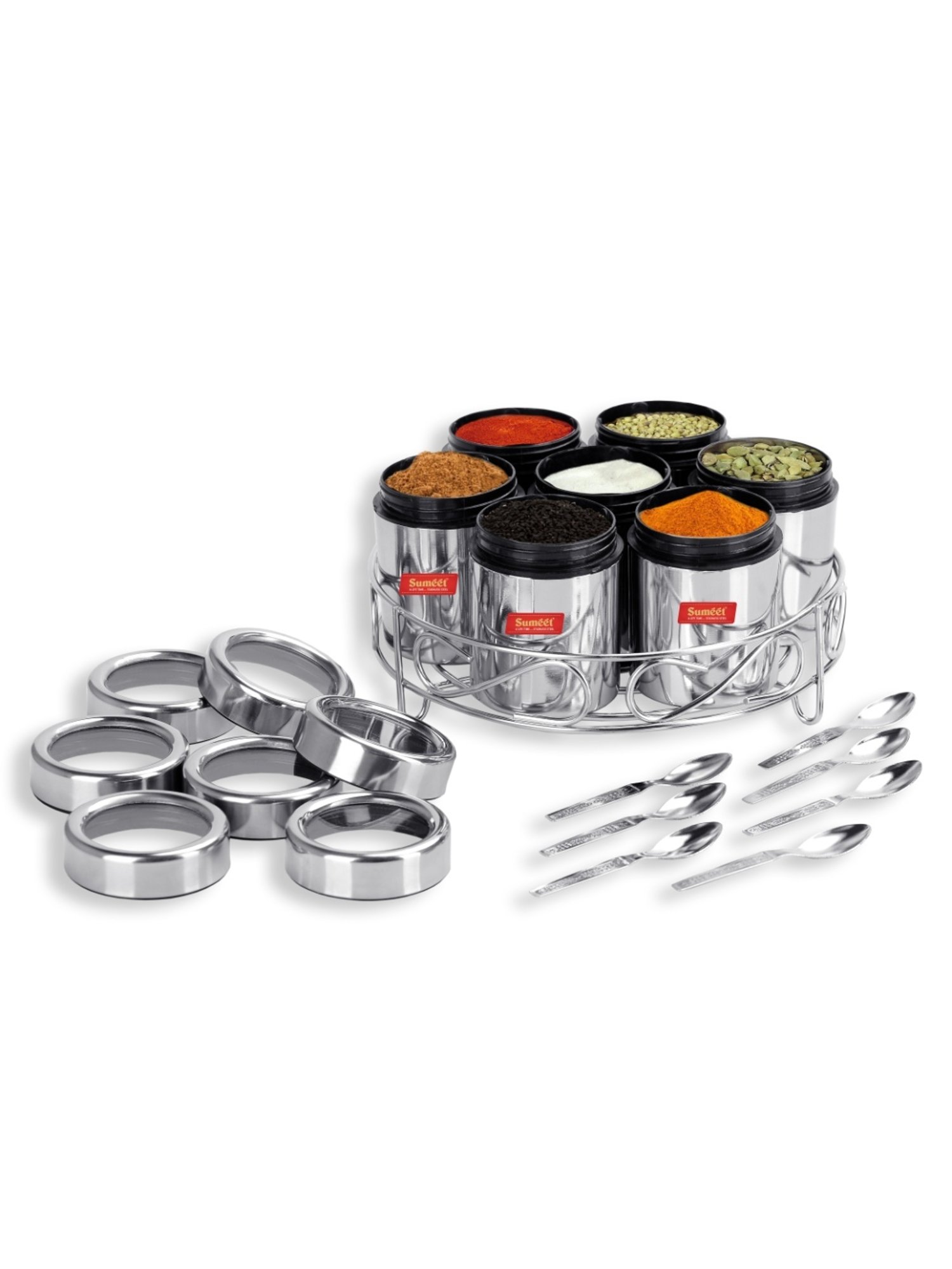 Sumeet 7in1 Stainless Steel + See through Lid Masala Stand / Dry Fruit Stand with Stand and 7 Spoons