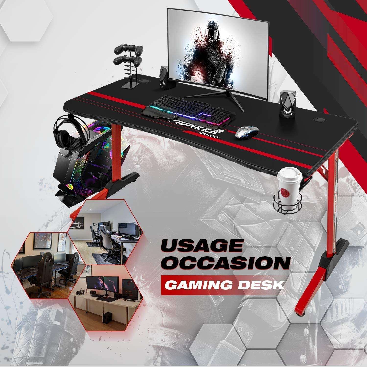 Devoko 43 Inch Gaming Desk T-Shaped PC Computer Table with Free Mouse Pad Carbon Fibre Surface Home Office Desk Gamer Table with Game Handle Rack Headphone Hook and Cup Holder (Black)