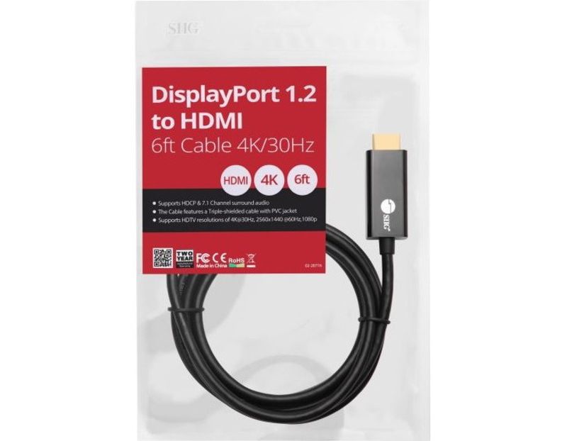 SIIG DisplayPort 1.2 To HDMI 6ft Cable 4K/30Hz - 6 ft DisplayPort/HDMI A/V Cable for Audio/Video Device, HDTV, PC, Monitor, Notebook, Desktop Computer
