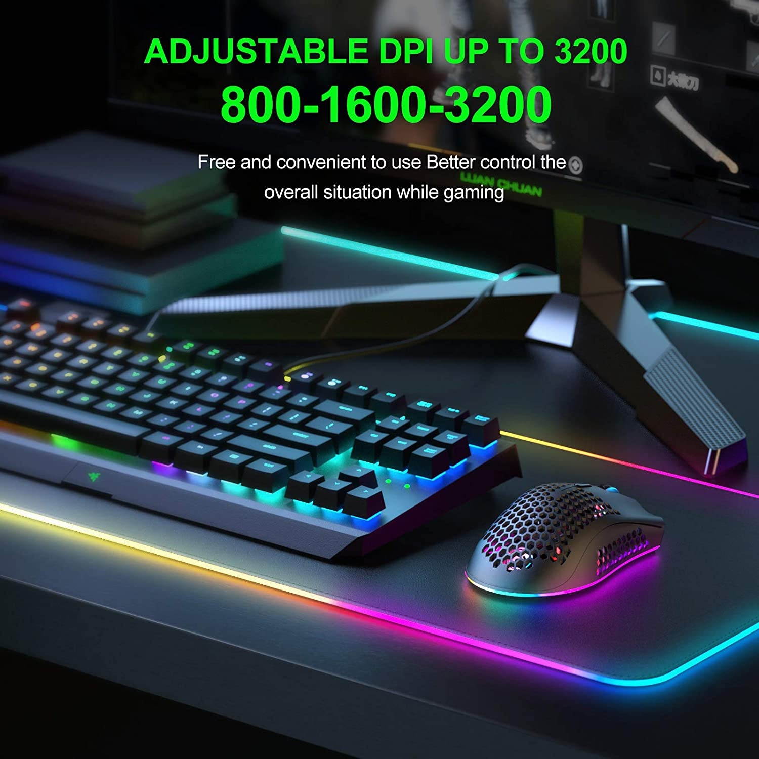 Gaming Mouse Wireless Rechargeable USB Mouse Gaming RGB Chroma Backlit Mouse Hyperspeed Comfortable Grip Ergonomic Optical Mice with Honeycomb Shell for PC Computer Laptop