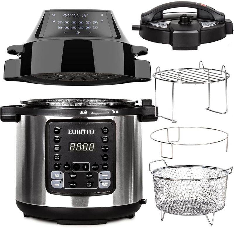 EUROTO Air Fryer Pressure Cooker 6.5 QT All-in-1, Two Easy-Switch Lids, Grilled, Fried, Steamed, High/Low Pressure, Dehydrate, Slow cook, 28 One-Touch Preset Functions, Adjustable Timer, 1500W