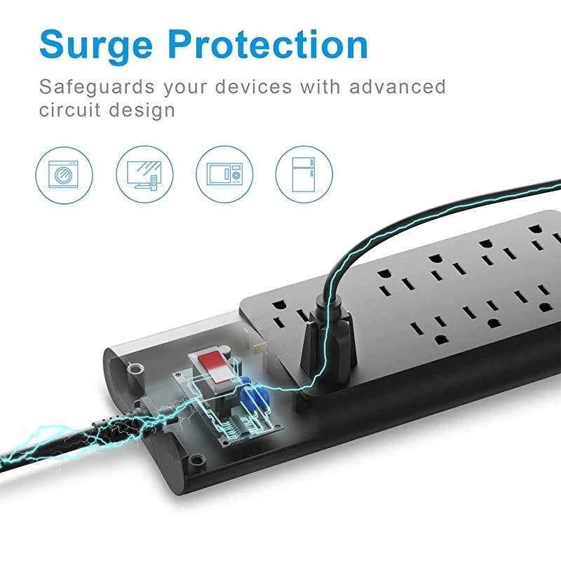 Power Strip,  Surge Protector with 10 AC Outlets and 4 USB Charging Ports,1875W/15A, 2100 Joules, 6 Feet Long Extension Cord for Smartphone Tablets Home,Office, Hotel, ETL Listed- Black