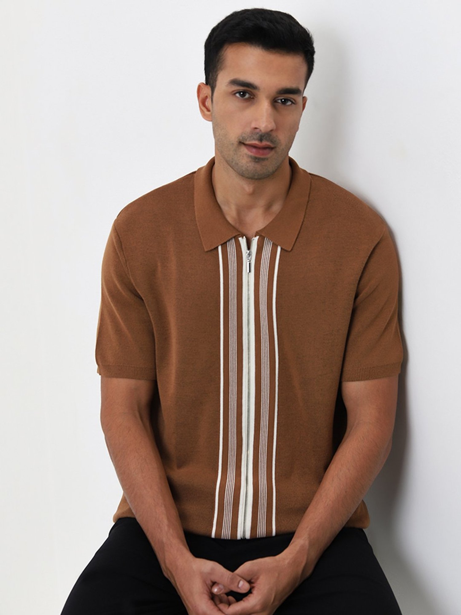 Ascot by Westside Tan Striped Relaxed Fit T-Shirt