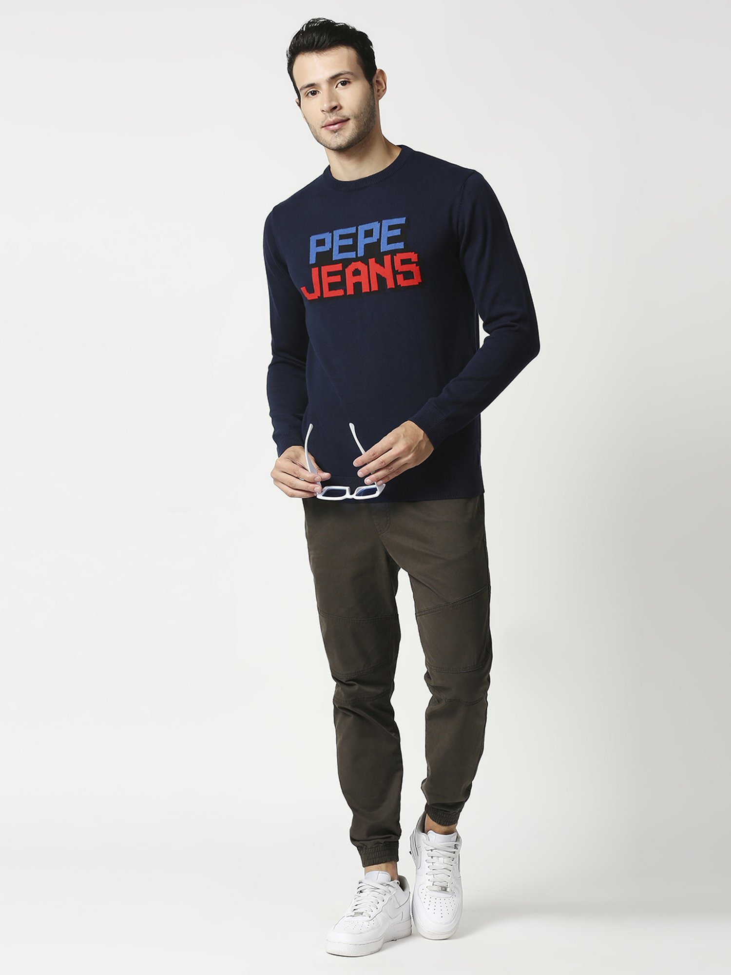 Pepe Jeans Blue Cotton Regular Fit Self Pattern Sweaters