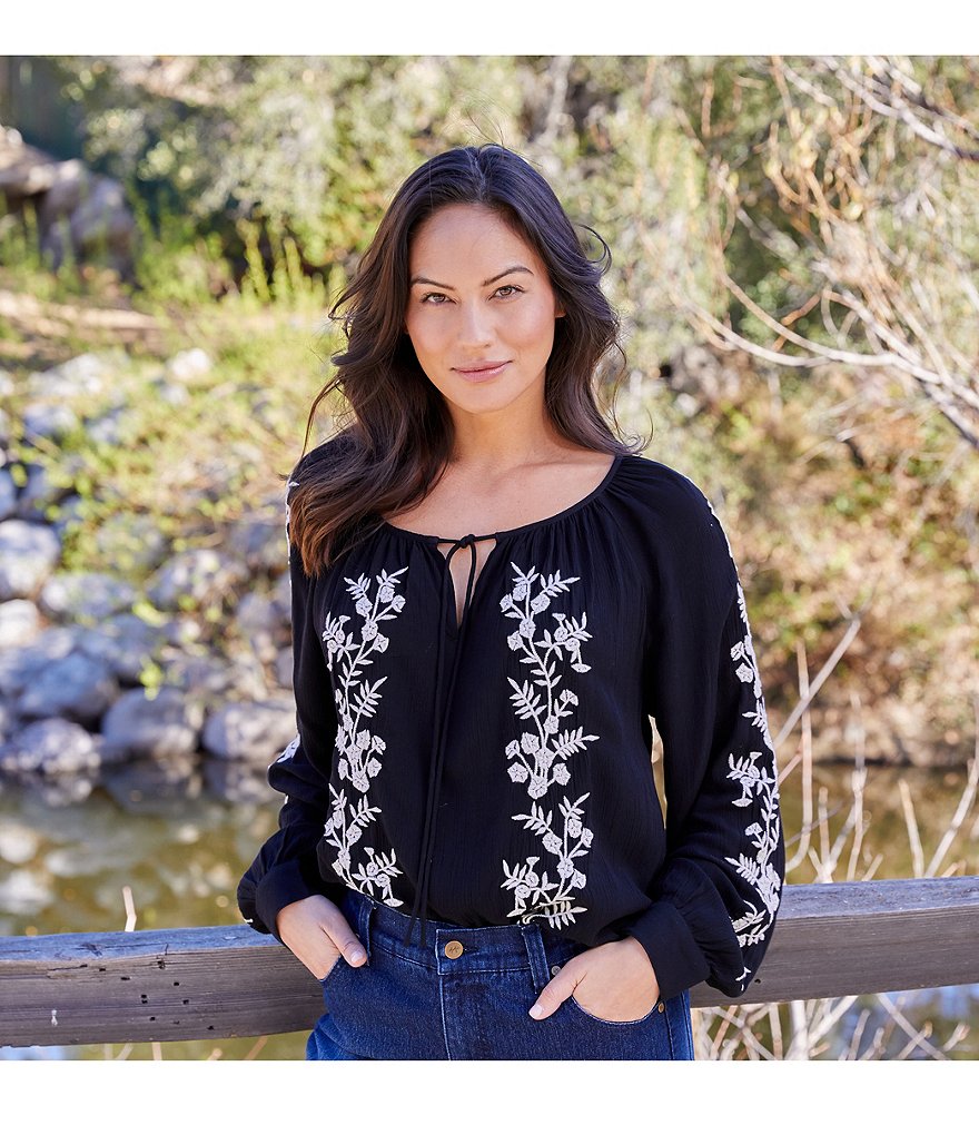 Karen Kane Long Button Cuff Sleeve Tie Split Round Neck Embroidered Gauze Peasant Top