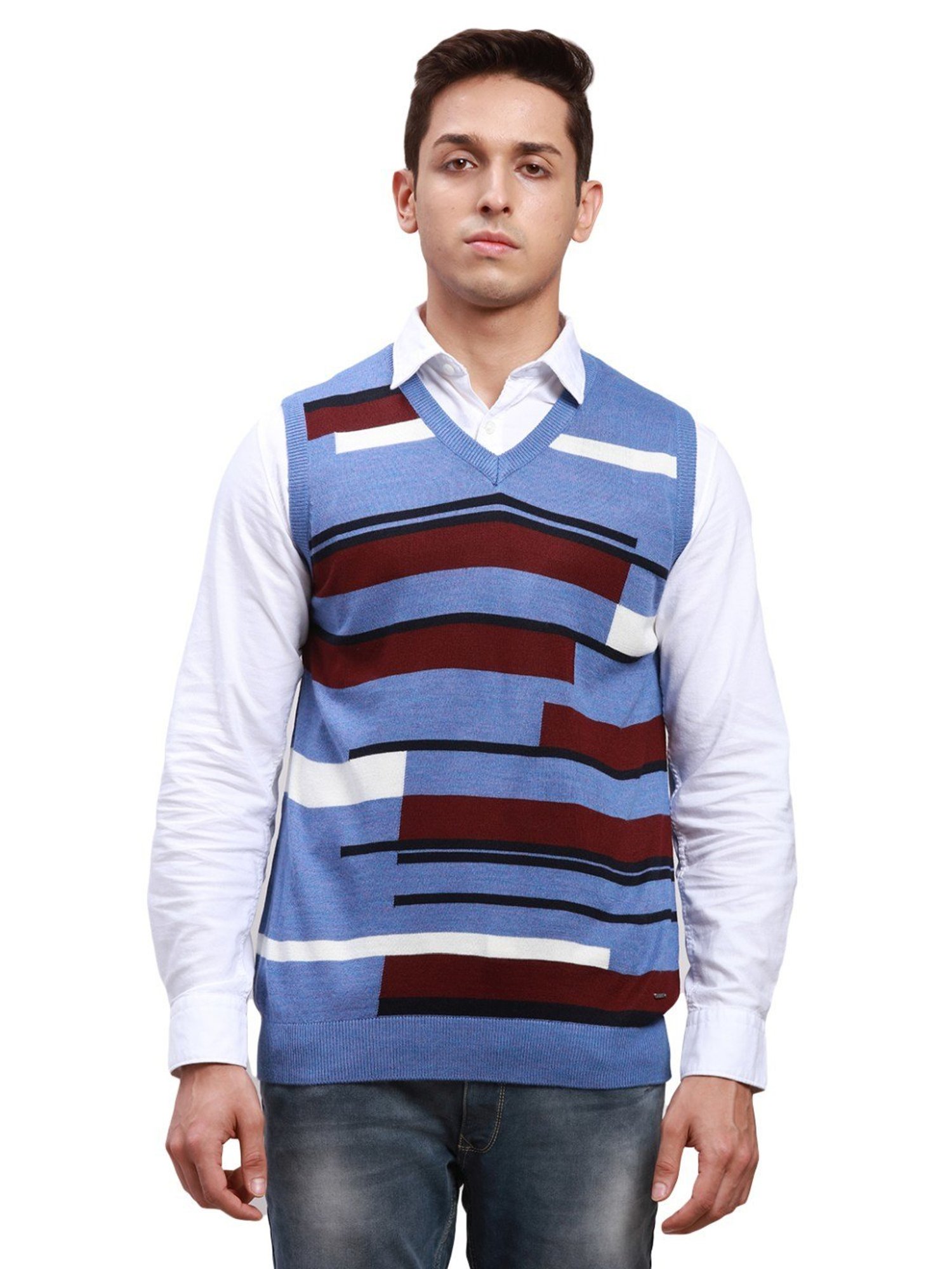 Parx Blue Regular Fit Self Pattern Sweater