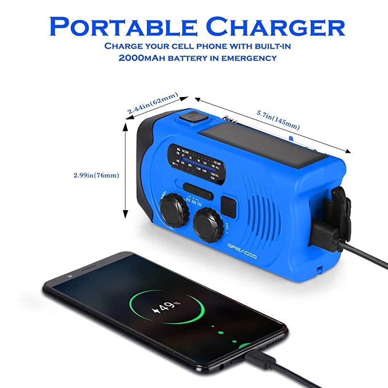 Weather Solar AMFMNOAA Crank Radio with Bright Flashlight SOS Alarm and 2000mAh Power Bank for and Outdoor Activies Blue