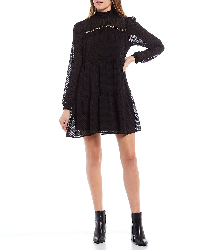 Allison & Kelly Long-Sleeve Mock-Neck Clip-Dot Chiffon Shift Dress