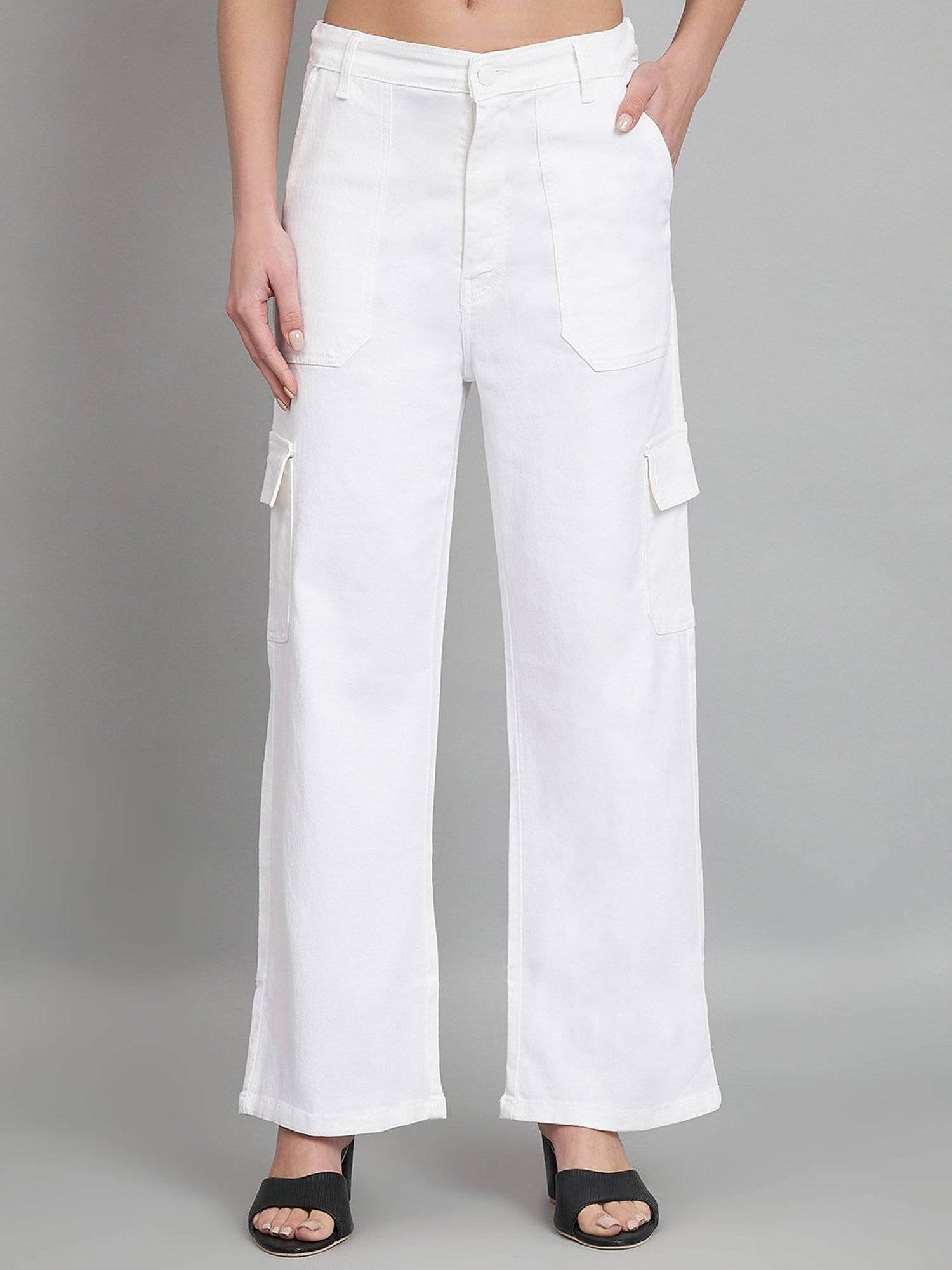 Angelfab White Cotton Relaxed Fit High Rise Cargo Jeans