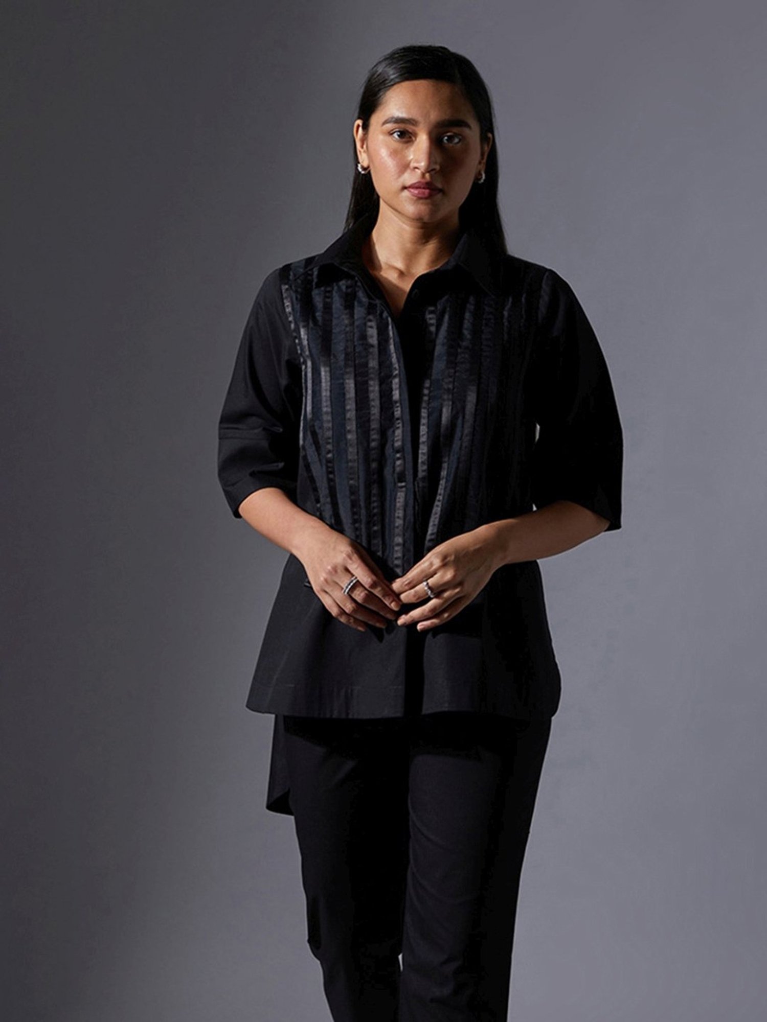 House of Manaa Black Loose Fit Satin Detailed Shirt
