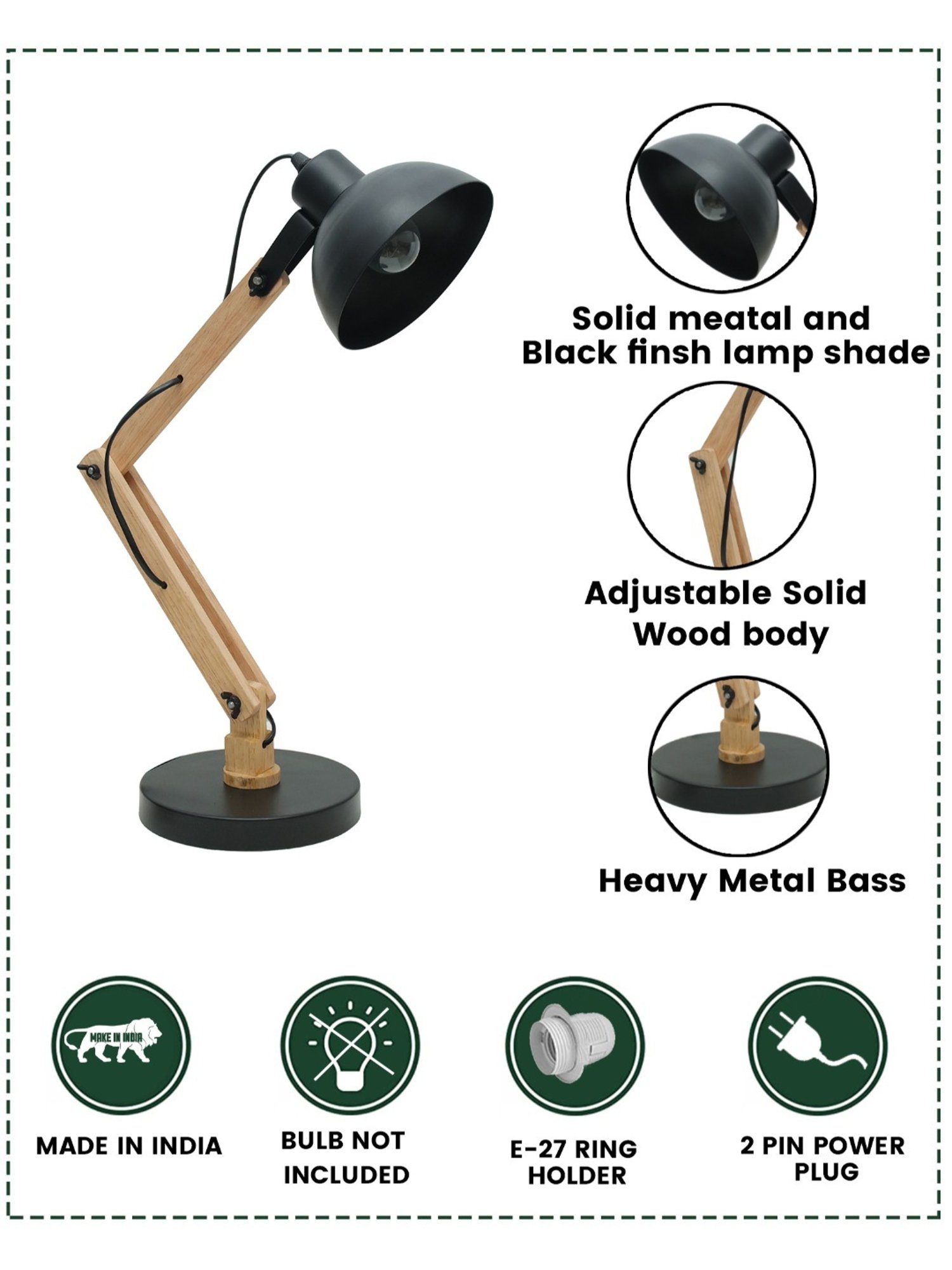 Homesake Black Wood Swing Arm Desk Lamp (Bulb not included)