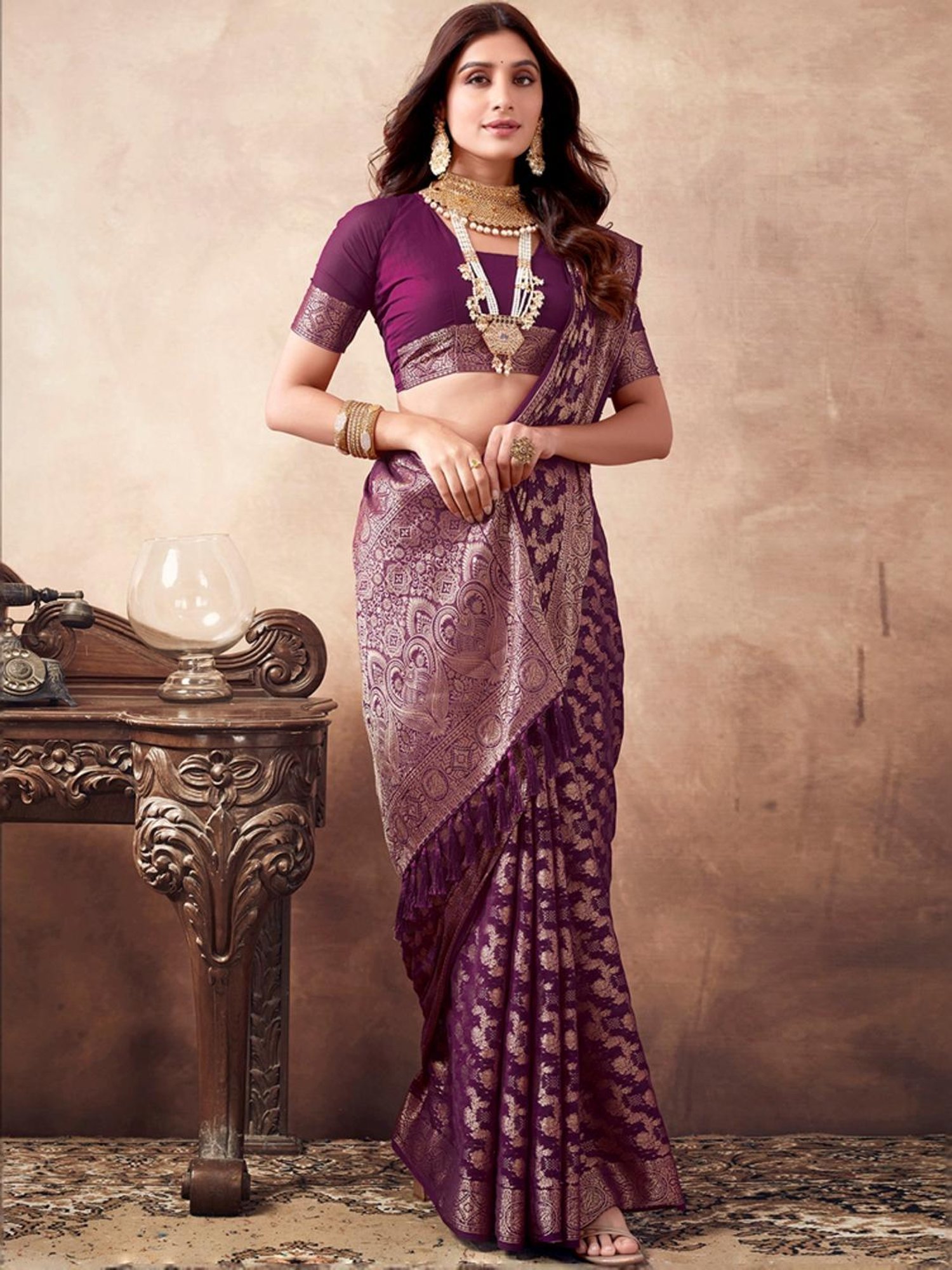 Satrani Purple Woven Saree With Unstitched Blouse