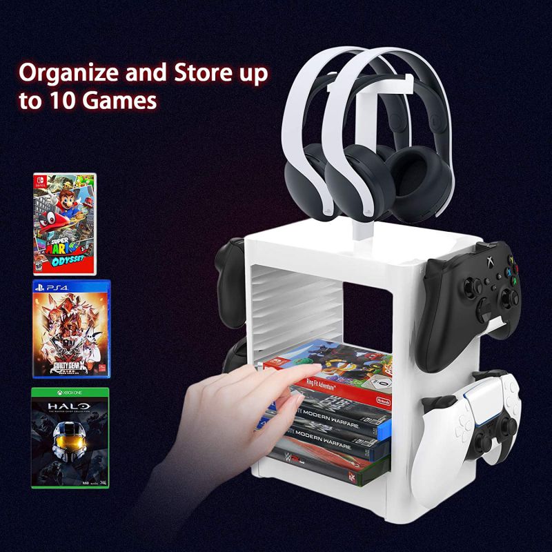 Ackmioxy Headset and Game Organizer (up to 10 Games) for PS5 PS4 Playstation/Xbox Series S & X/Switch Accessories, Headphones, Game Discs, Joy Cons, DualSense, Controllers, Black