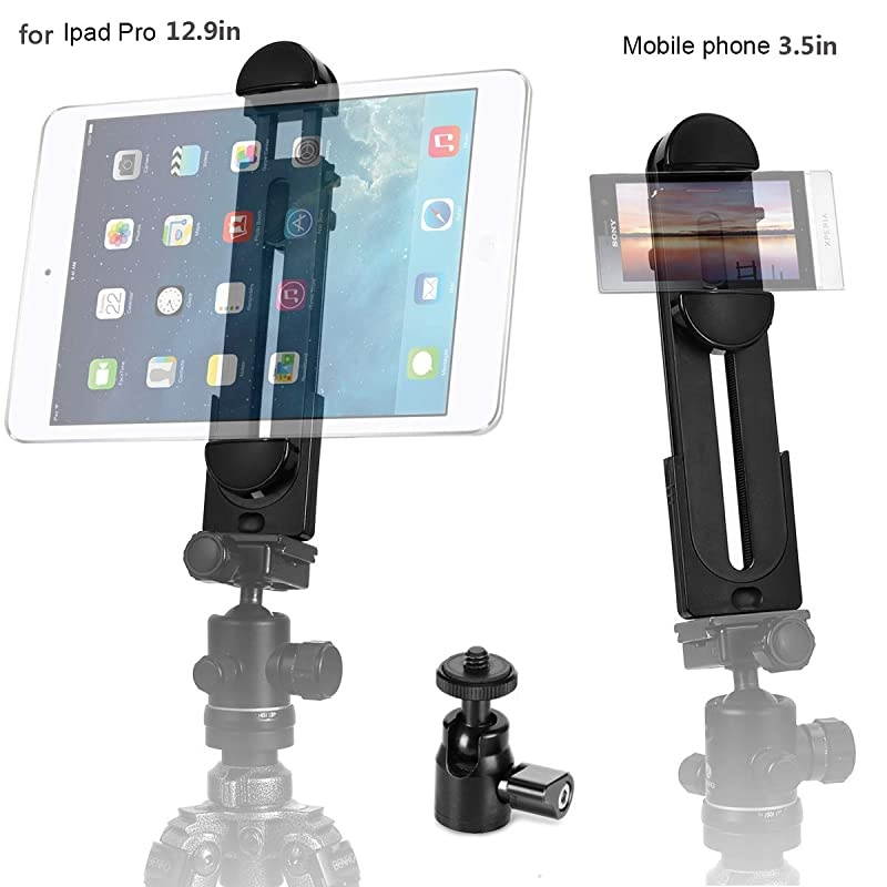 2-in-1 Phone iPad Tripod Mount Adapter Universal Tablet Clamp Holder fits 3.5-12.9" Inch Pads as iPad Air/Mini/Pro, Microsoft Surface, Most Phones & Mini Tripod Ball Head for  Monopod