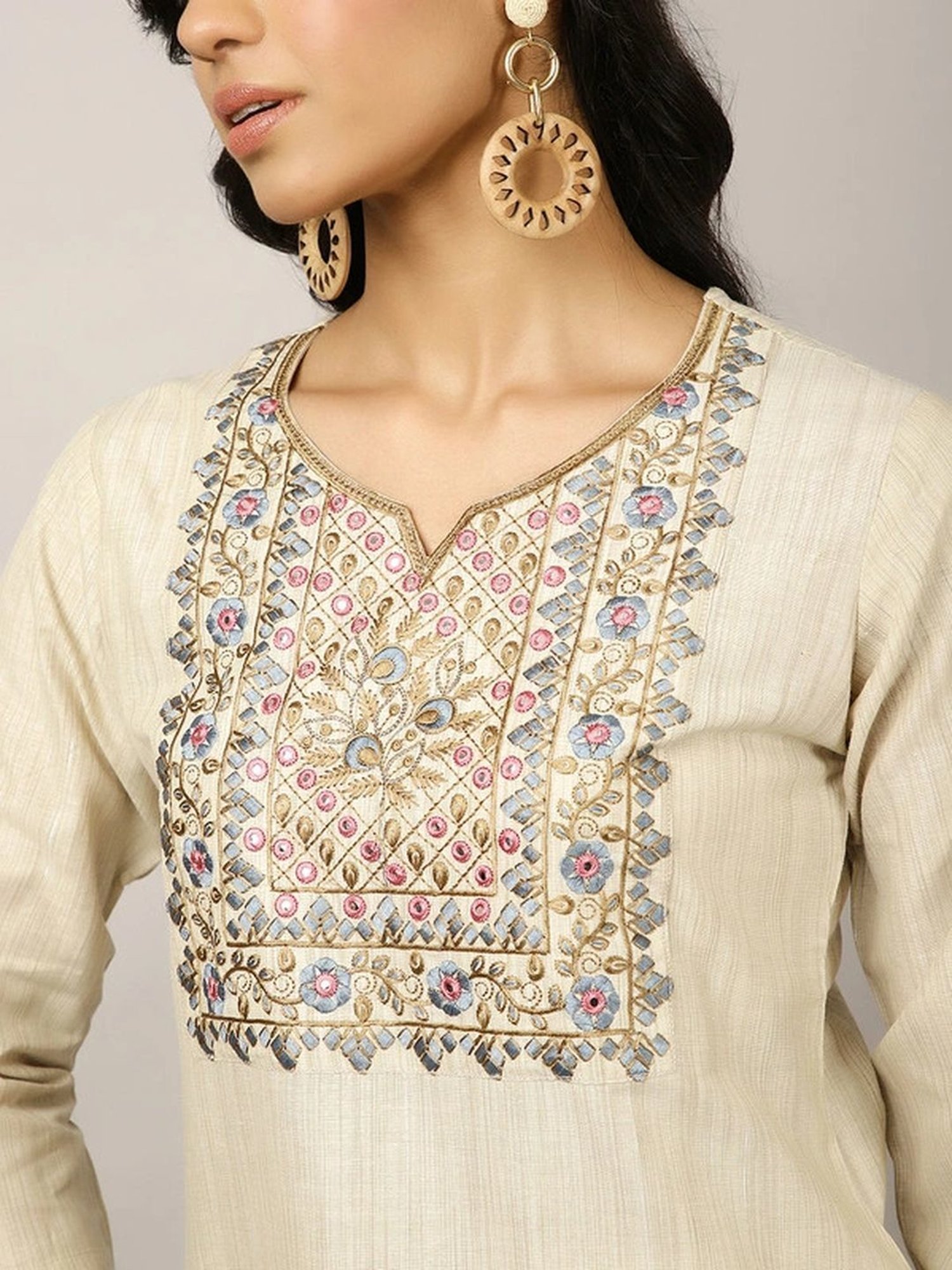 Jaipur Kurti Beige Embroidered Kurta Pant Set With Dupatta