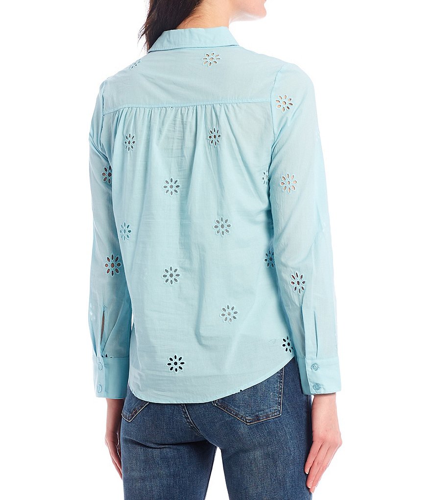 Reba Embroidered Eyelet Button Front Spread Collar Long Sleeve Shirt