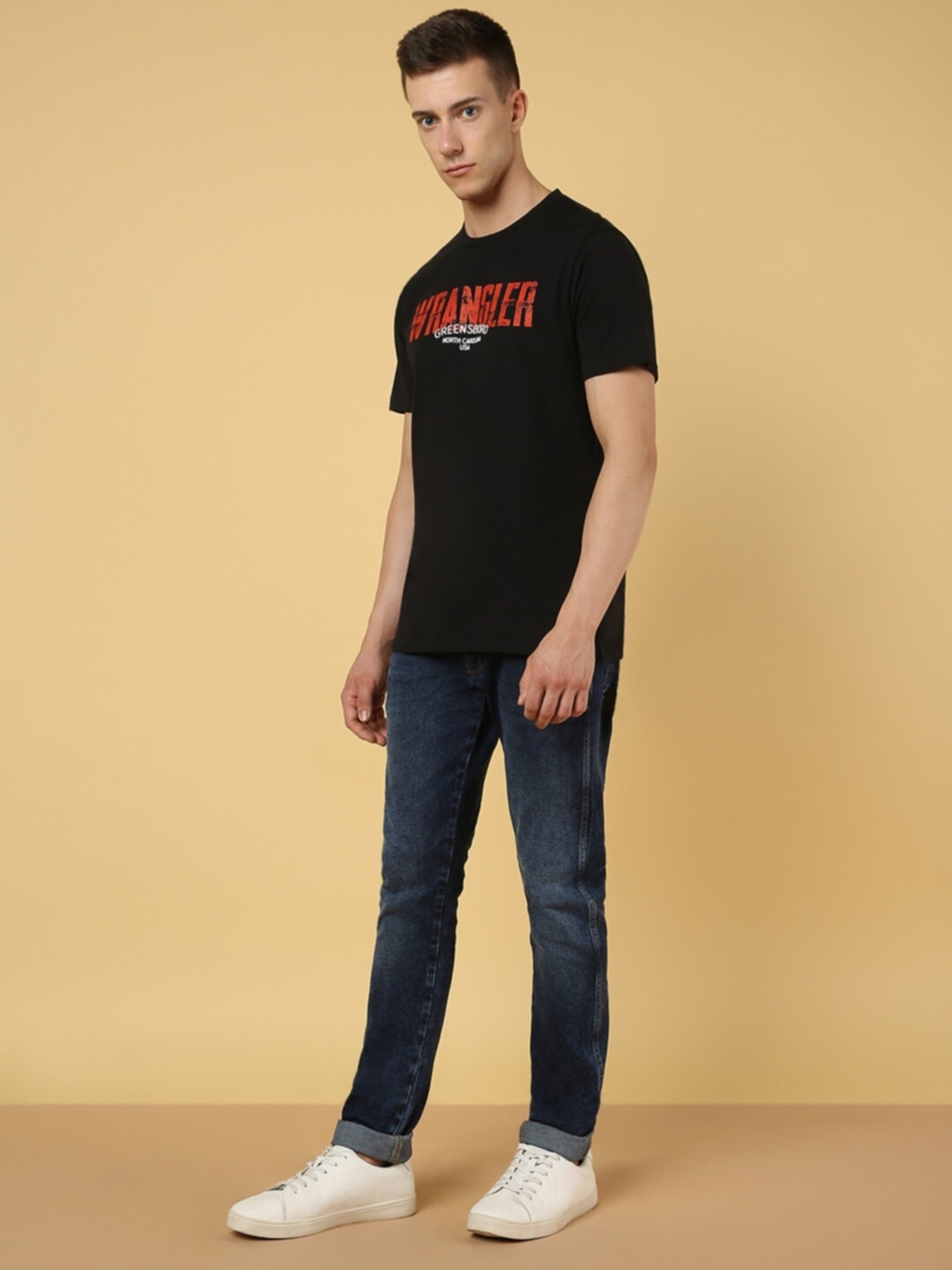 Wrangler Jet Black Cotton Regular Fit Printed T-Shirt