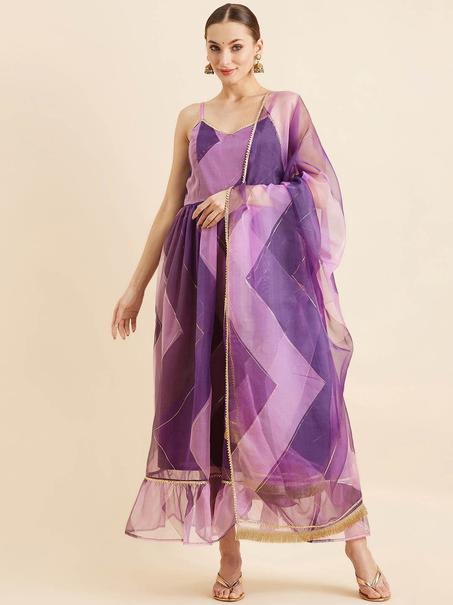 PANIT Purple Printed Ethnic Dress With Dupatta