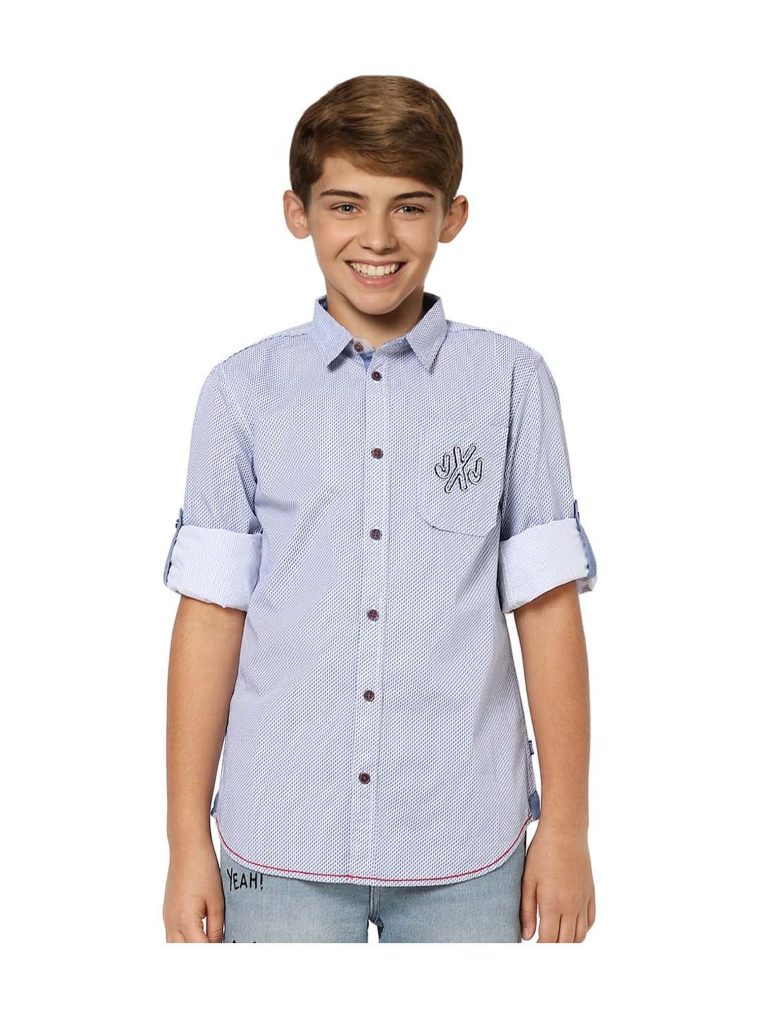 Jack & Jones Junior Boys Blue Cotton Printed Shirt