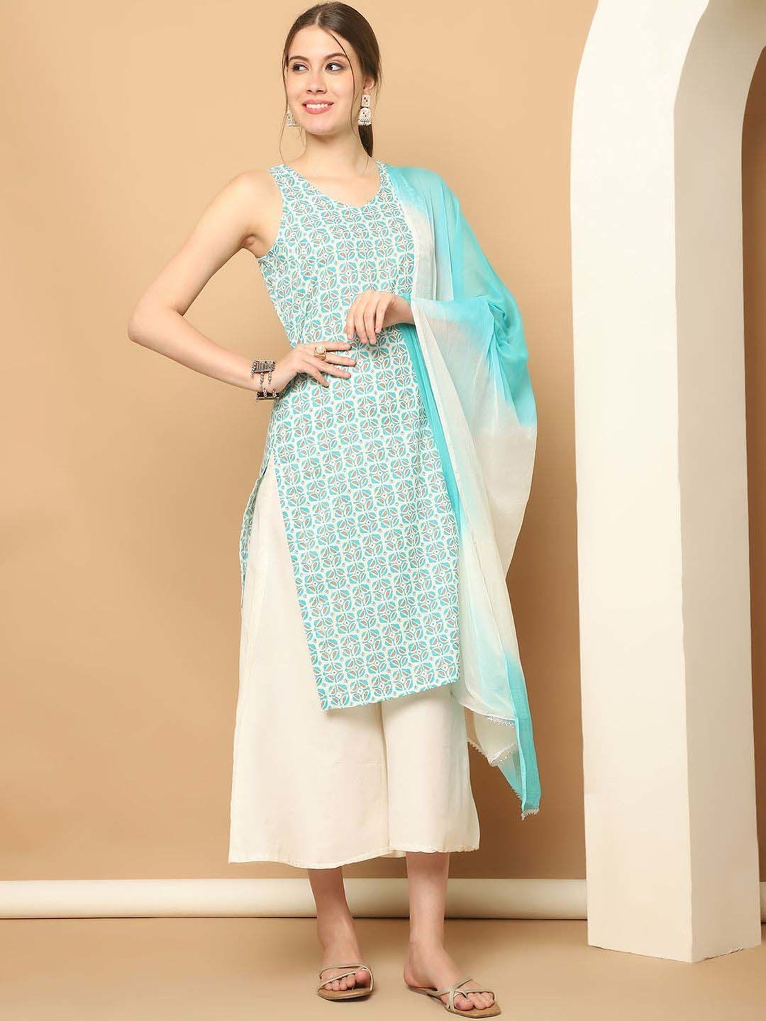 Jompers Blue & White Printed Kurta Palazzo Set With Dupatta