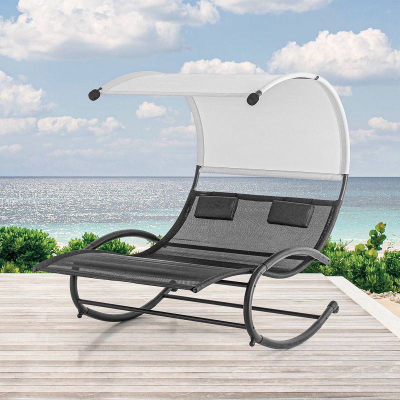 Outdoor Double Chaise Lounge Chair Rocking Daybed & Sunlounger with Canopy - Black - Crestlive Products