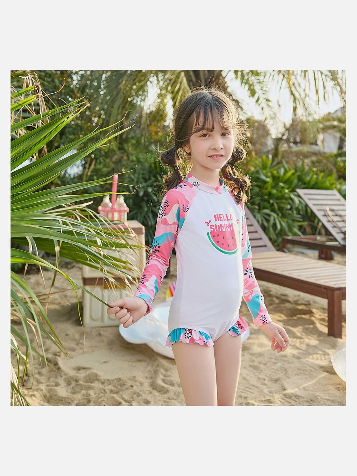 Little Surprise Box Kids Pink & White Watermelon Printed Full Sleeves Swimsuit