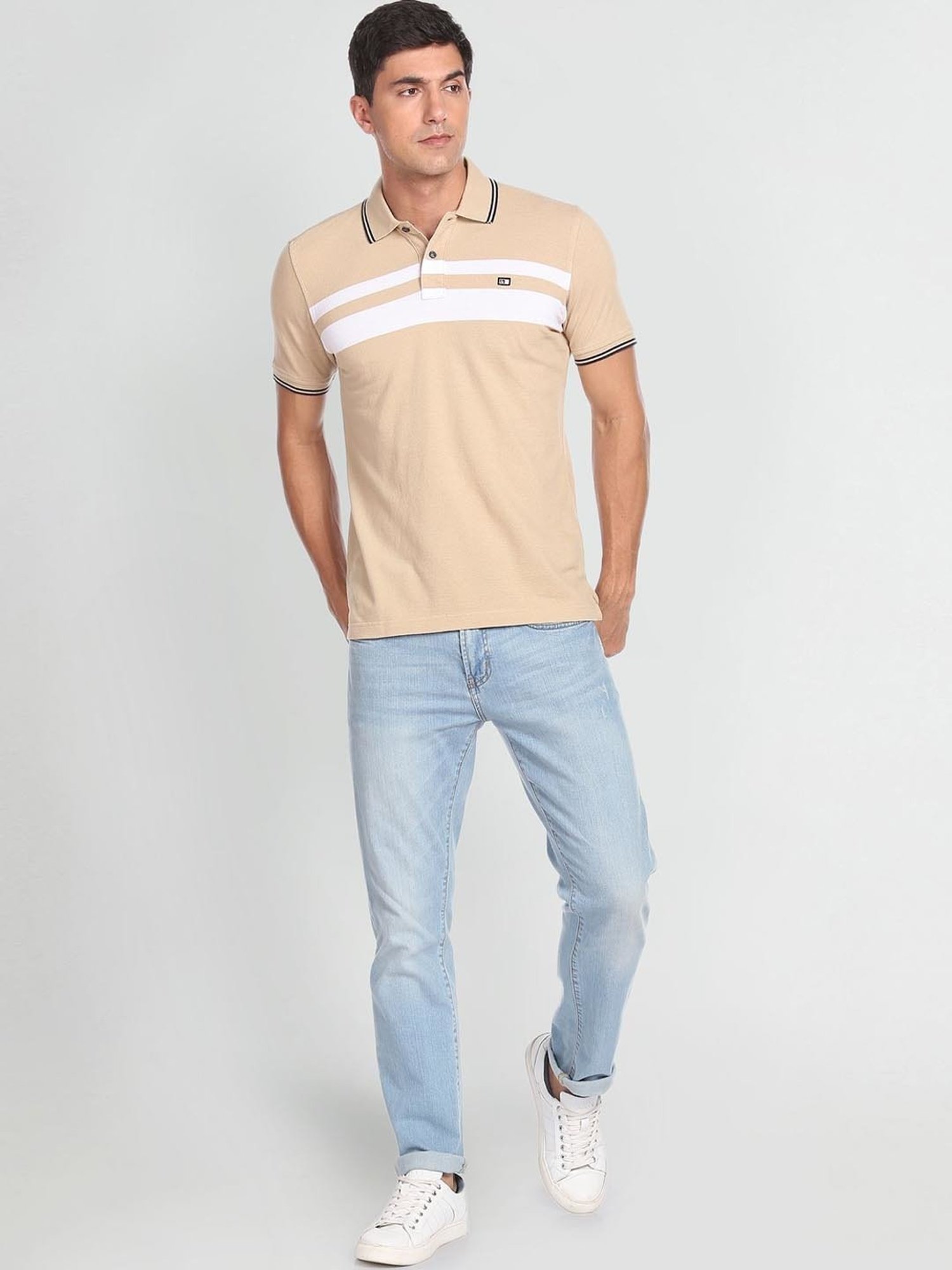 Arrow Sport Beige Cotton Regular Fit Striped Polo T-Shirt