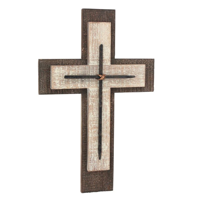 15.8" x 10.2" Decorative Wooden Cross Wall Art Worn White/Brown - Stonebriar Collection