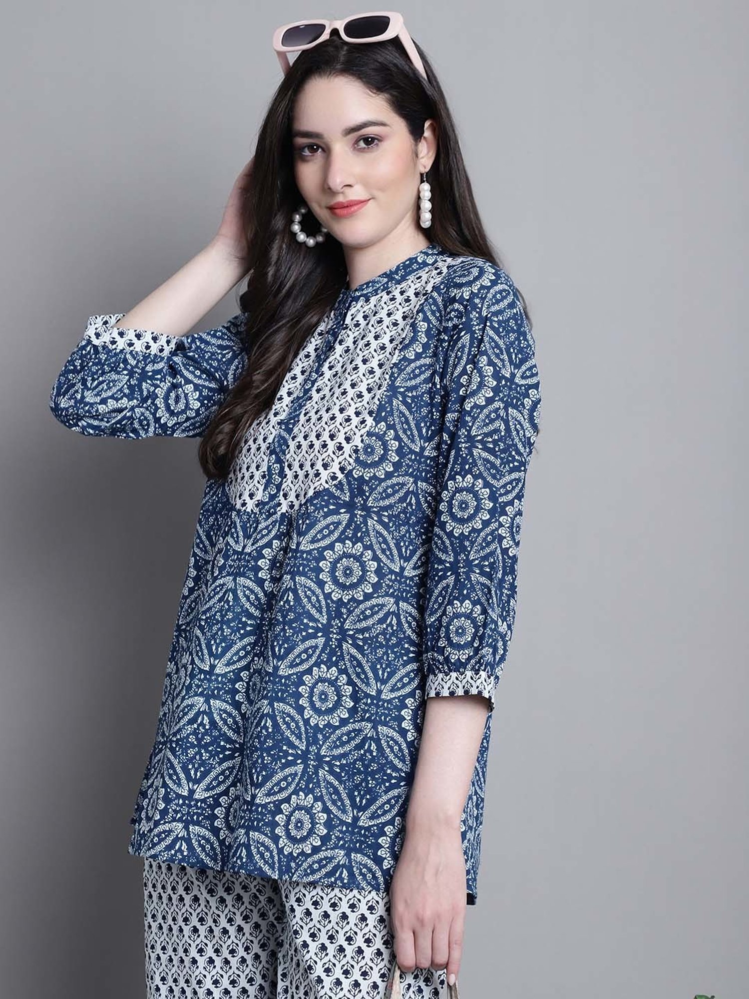 Prakrti Blue & White Cotton Printed Top Pant Set