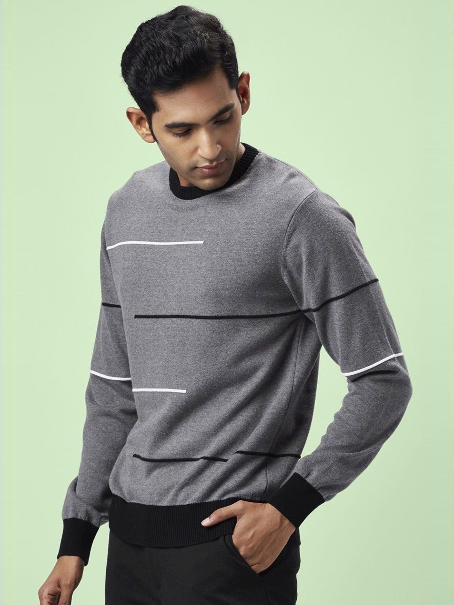 Byford By Pantaloons Grey Melange Cotton Regular Fit Printed Sweaters