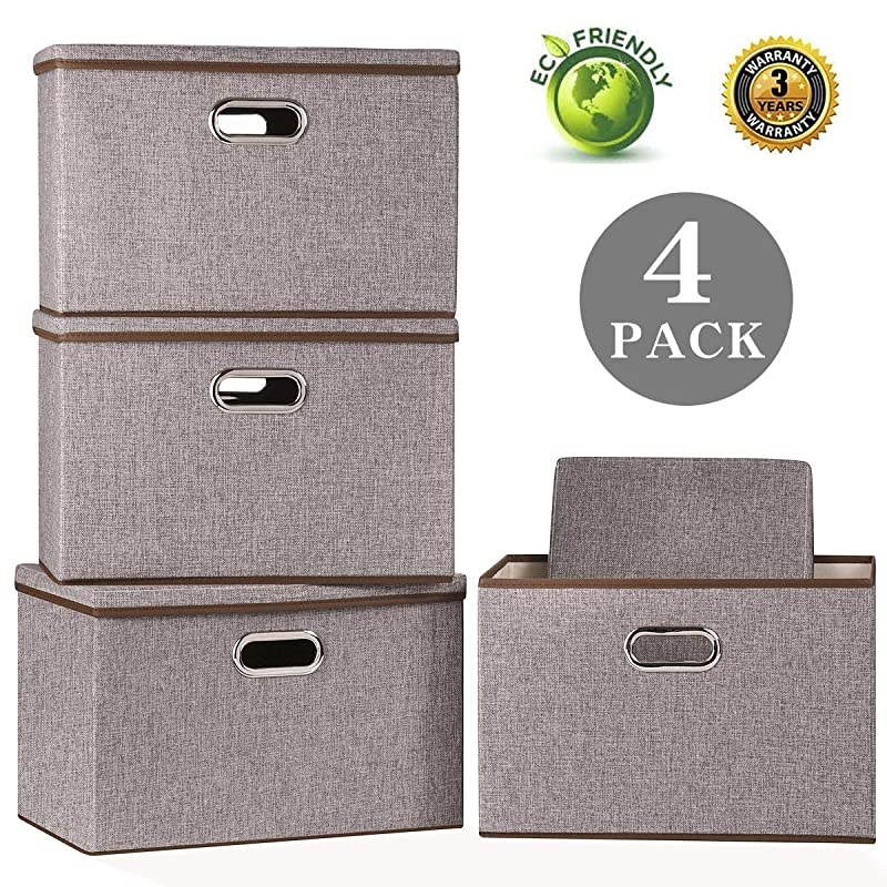 Foldable Storage Bin with Lid 4Pack Linen Fabric Decorative Storage Box Organizer Containers Basket Cube with Handles Divider for Bedroom Closet Office Living Room 177x118x118