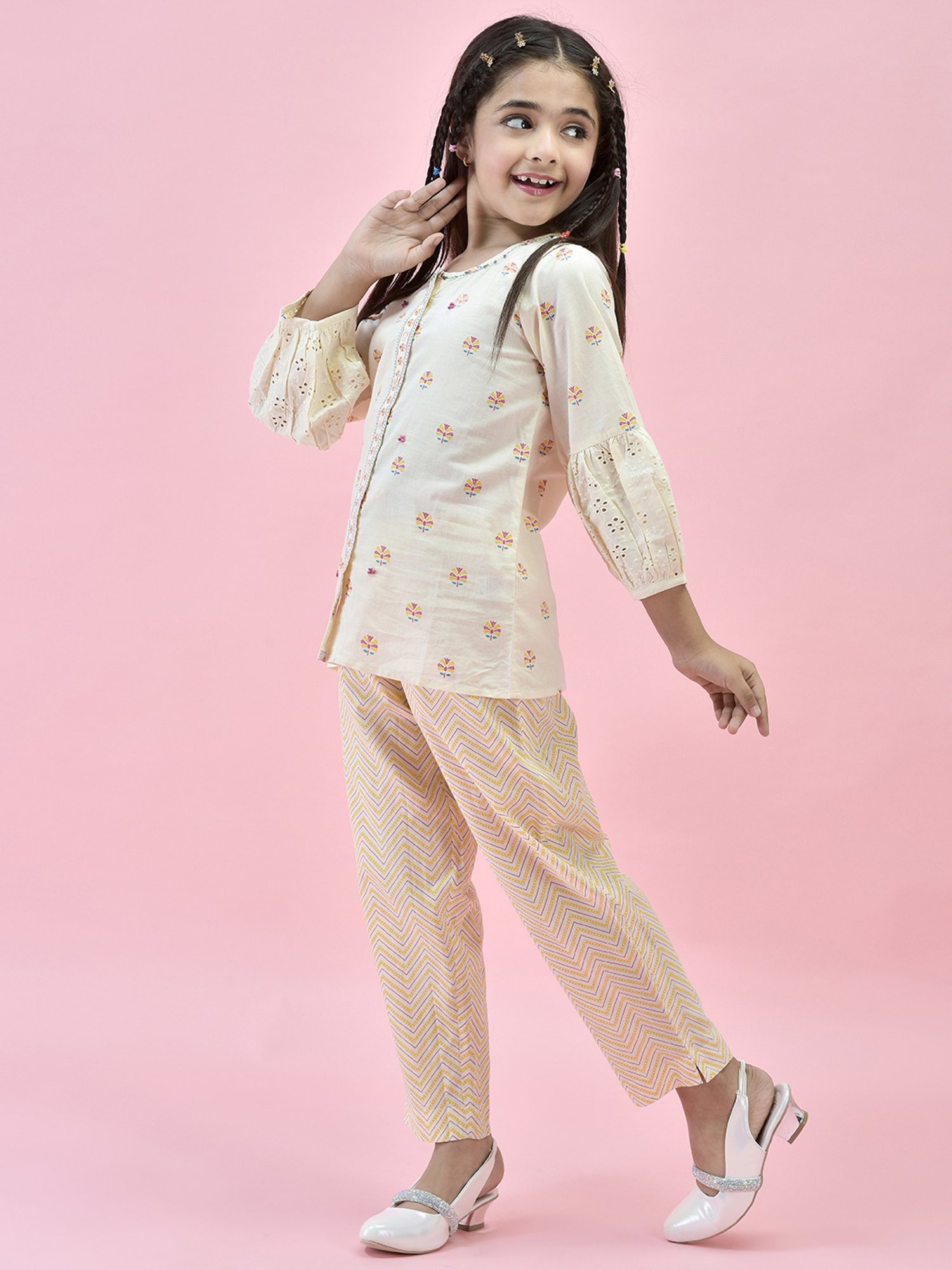 Juniper Girls White Printed Full Sleeves Kurta With Pants