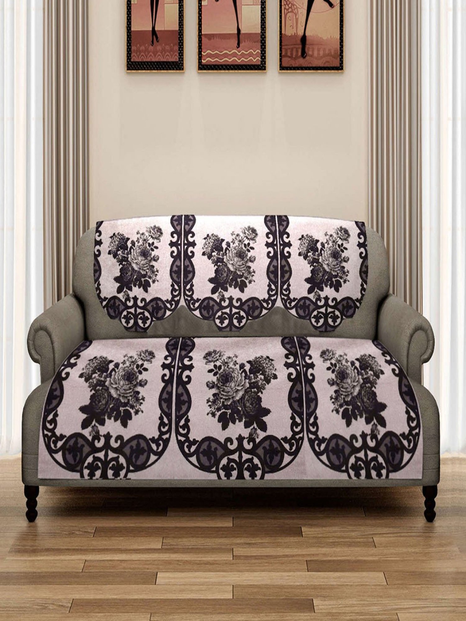 Romee Beige Polyester Floral Sofa Covers