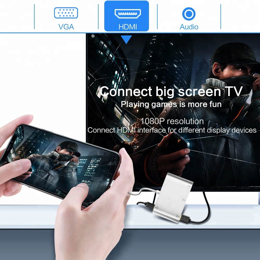 for iPhone iPad Turn HDMI TV Projector VGA 1080p HD Video Adapter with Same Screen, 8 Pin to HDMI + VGA + Audio Adapter for Apple Device, 8Pin to HDMI VGA Audio HUB.