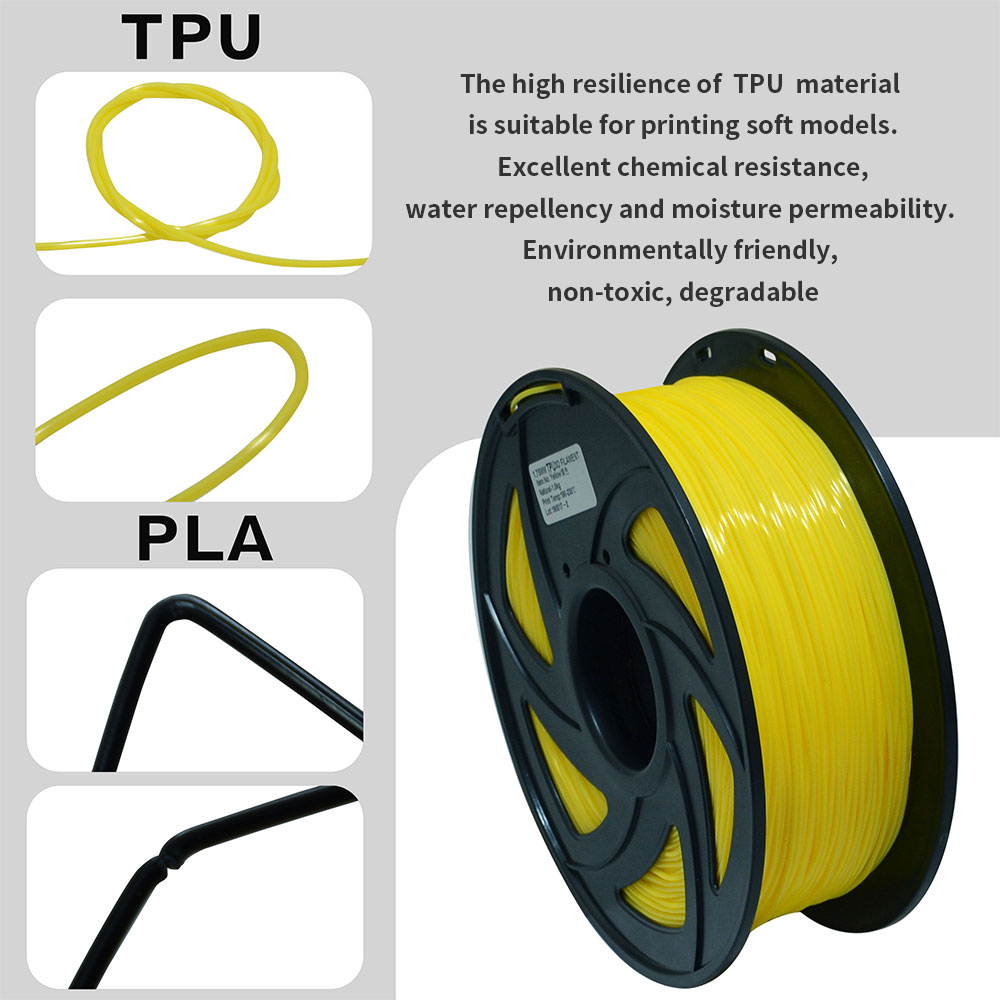 TRONXY 3D flexible yellow TPU filament 1.75 mm, 2.2 pounds (1KG) Material: TPU, hardness 95A