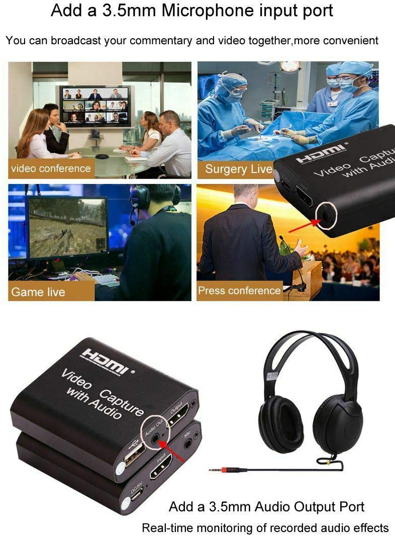 Game Capture Card with Loop Out, Audio Video Capture Card with Mic-in, 1080P 60fps Game Capture Device for Live Streaming Broadcasting Video Recording for PS3/4,Switch, DSLR, Camcorders