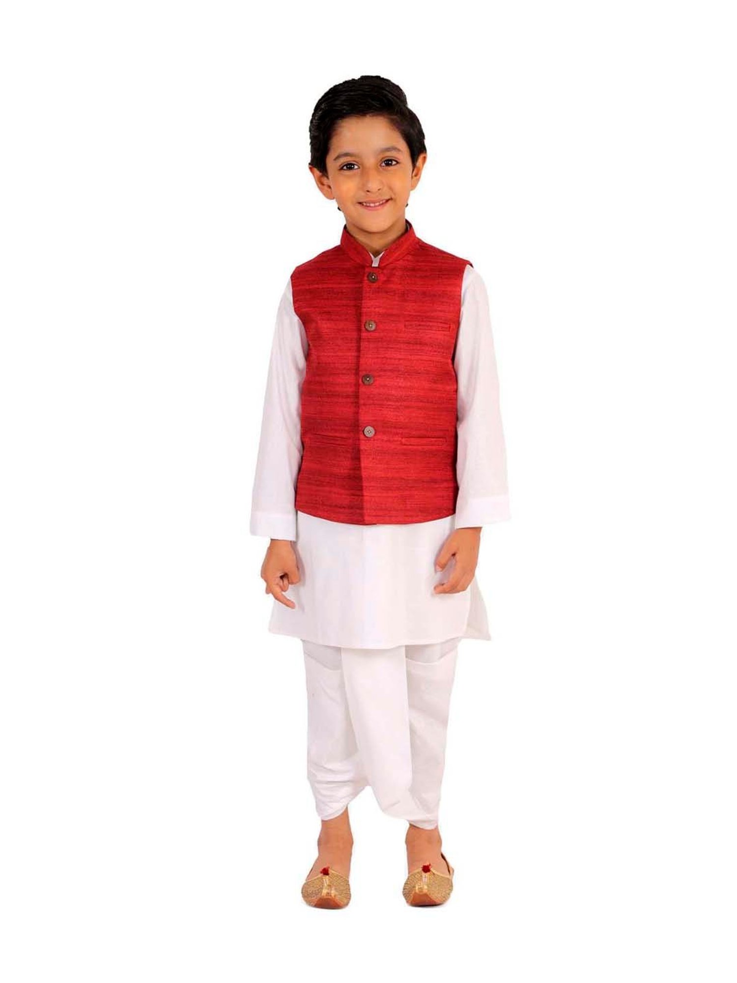 VASTRAMAY Kids Maroon & White Cotton Textured Kurta Set