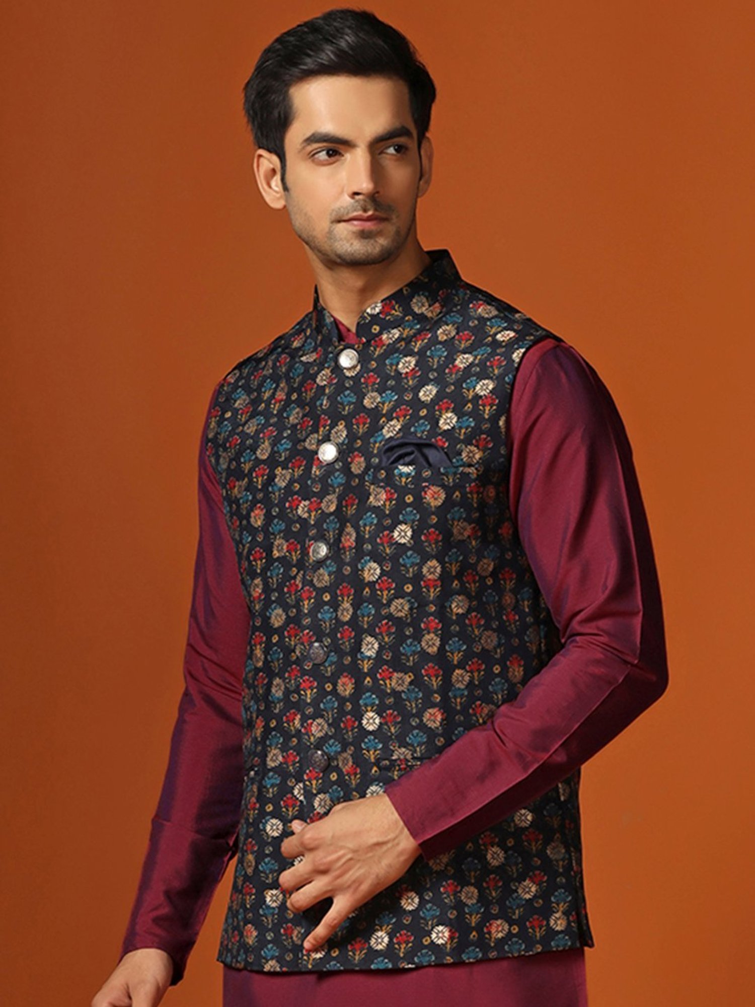 KISAH Indigo Regular Fit Printed Nehru Jacket