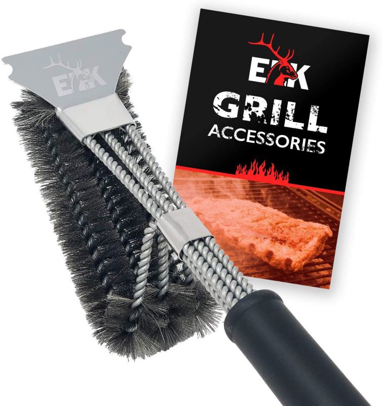 ELK Grill Brush and Scraper BBQ Brush Set, Safe 17" Stainless Steel Woven Wire 3 in 1 Bristle Grill Cleaning Brush for Weber and All Gas/Charcoal Grilling Grates - BBQ Tools and Grill Accessories