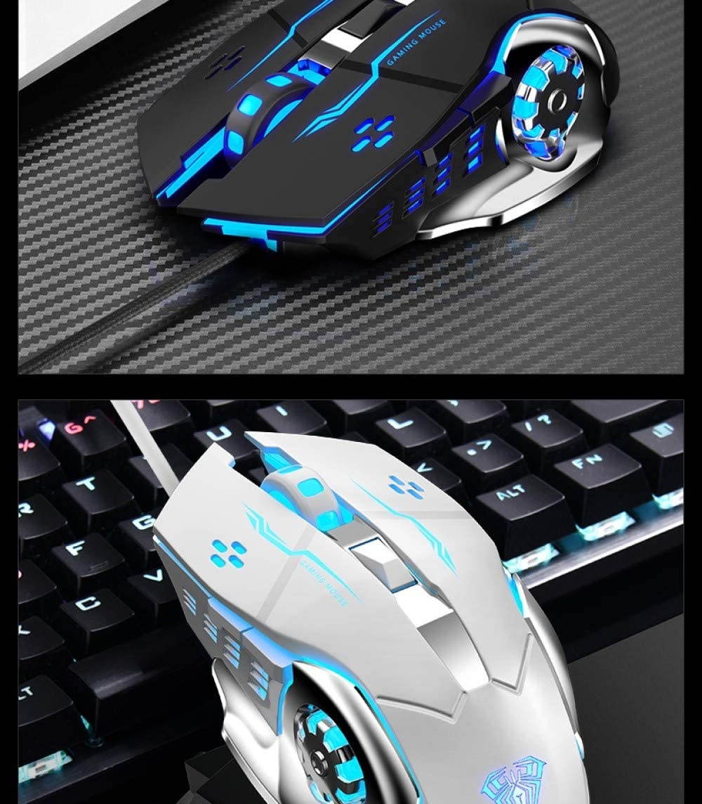 Wired Gaming Mouse 6 Programmable Buttons Ergonomic Mice Colorful LED Light for PC Computer Laptop White