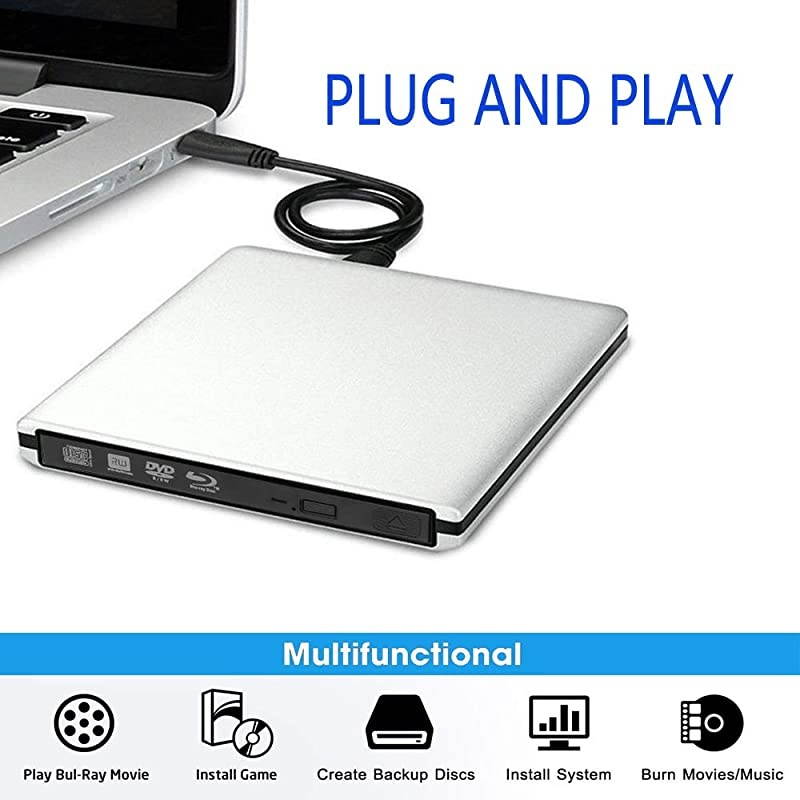 External 3D Blu Ray CD DVD Drive, Portable USB3.0 Blu Ray CD/DVD+/-RW Burner Player Writer Reader Rewriter for PC Netbook Laptop Desktop with Mac OS Windows XP/7/8/10/Vista-Silver