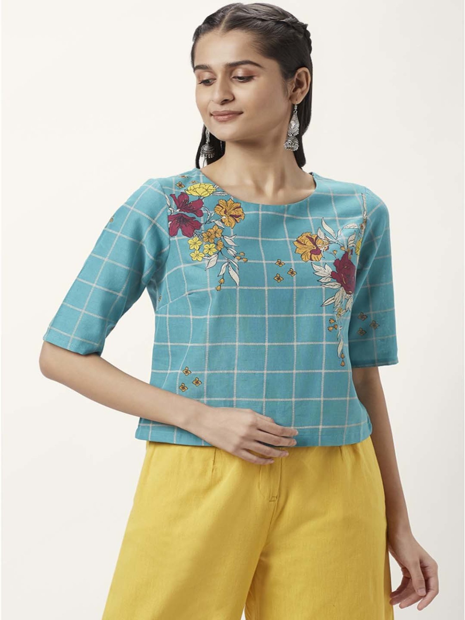 Akkriti by Pantaloons Blue Cotton Floral Print Top