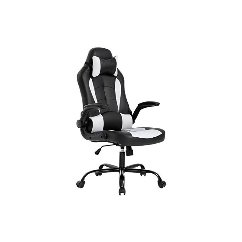 PC Gaming Chair Ergonomic Office Chair Desk Chair with Lumbar Support Flip Up Arms Headrest PU Leather Executive High Back Computer Chair for Adults Women Men, Black and White