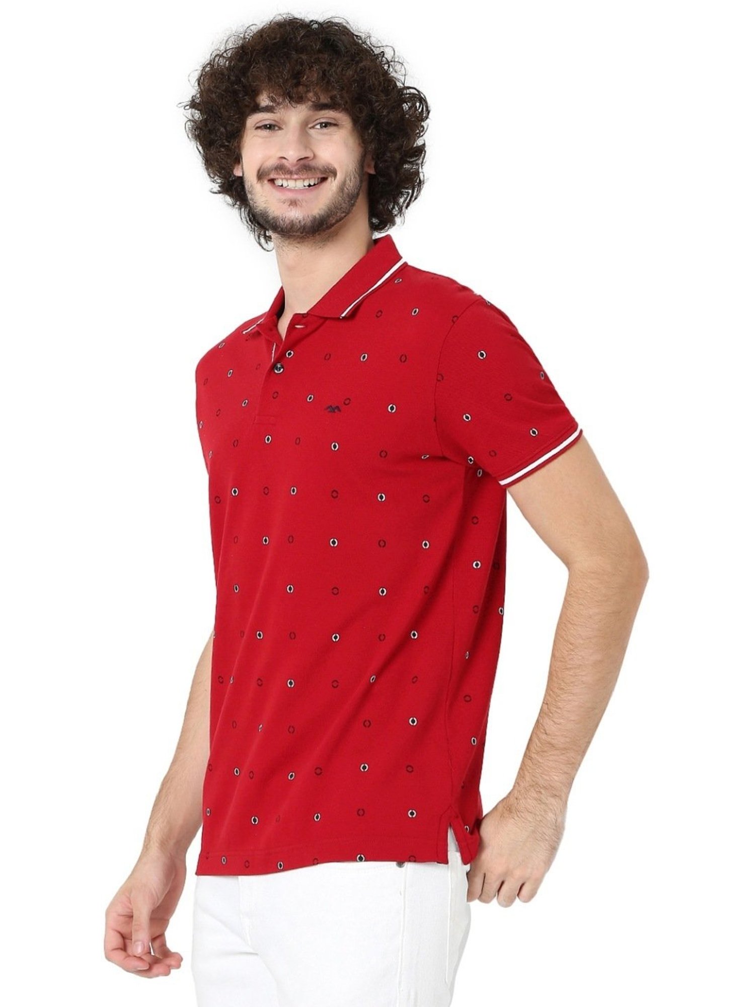 Mufti Red Cotton Slim Fit Printed Polo T-Shirt