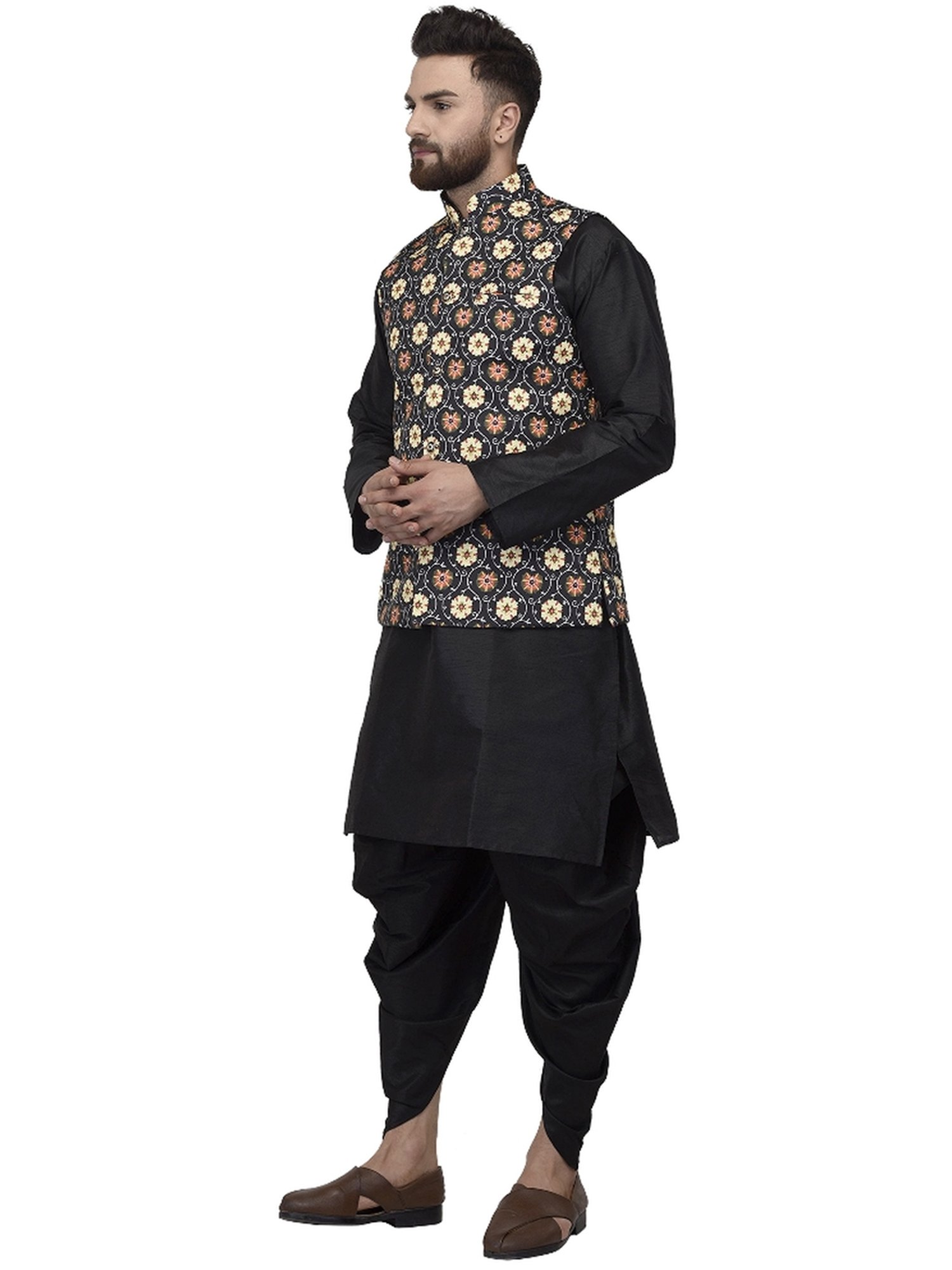 Benstoke Black Regular Fit Floral Print Kurta Set With Jacket