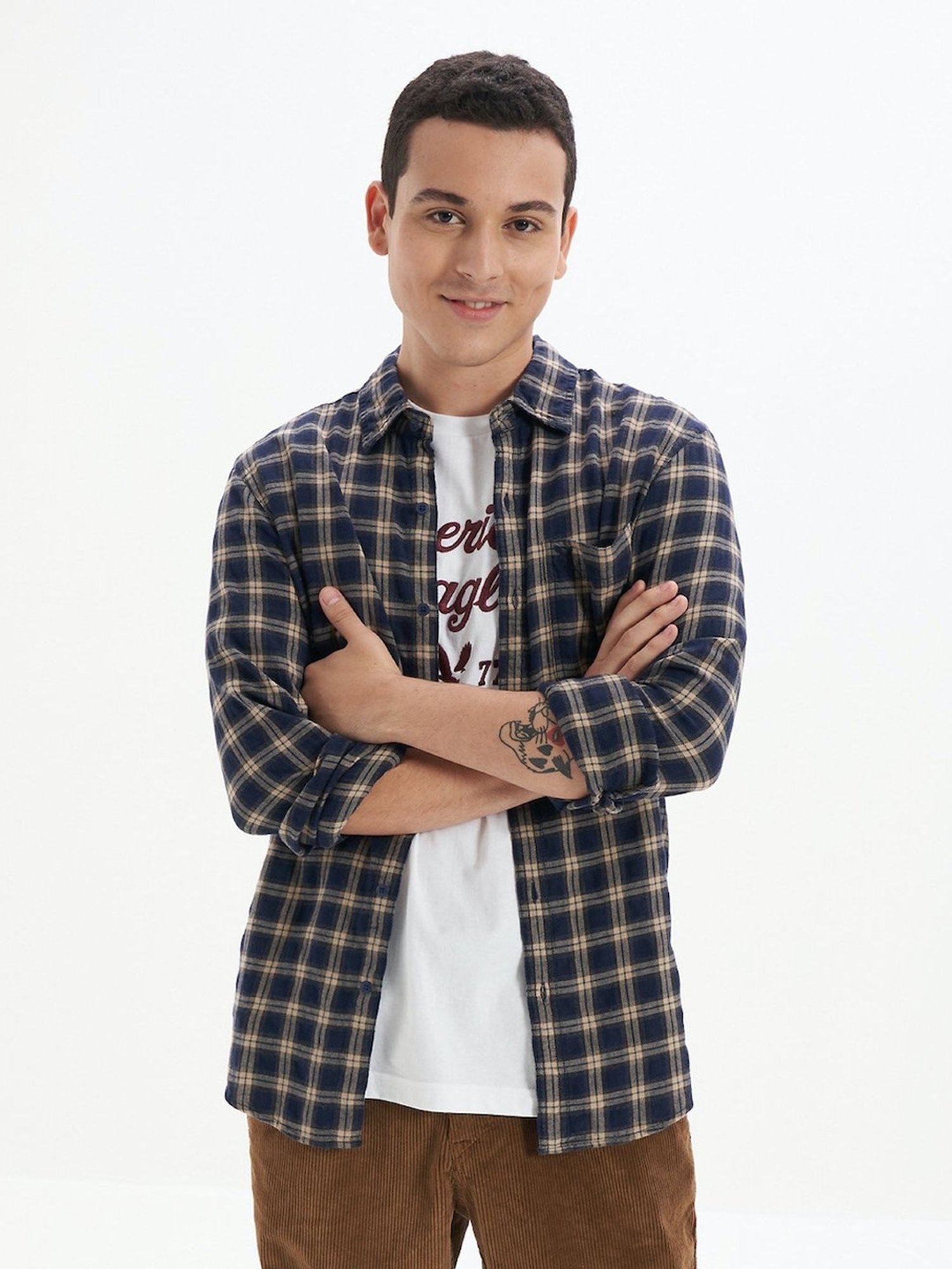 American Eagle Blue Cotton Slim Fit Checks Shirts