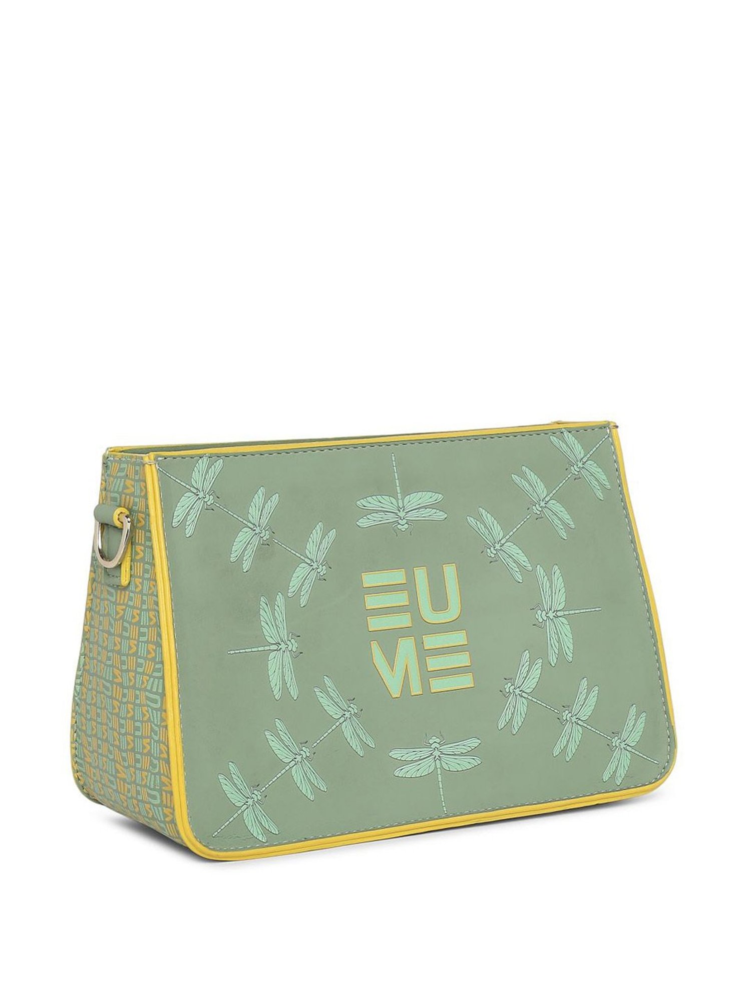 Eume Dragonfly Basil Green Leather Printed Double Sling Handbag with Pouch