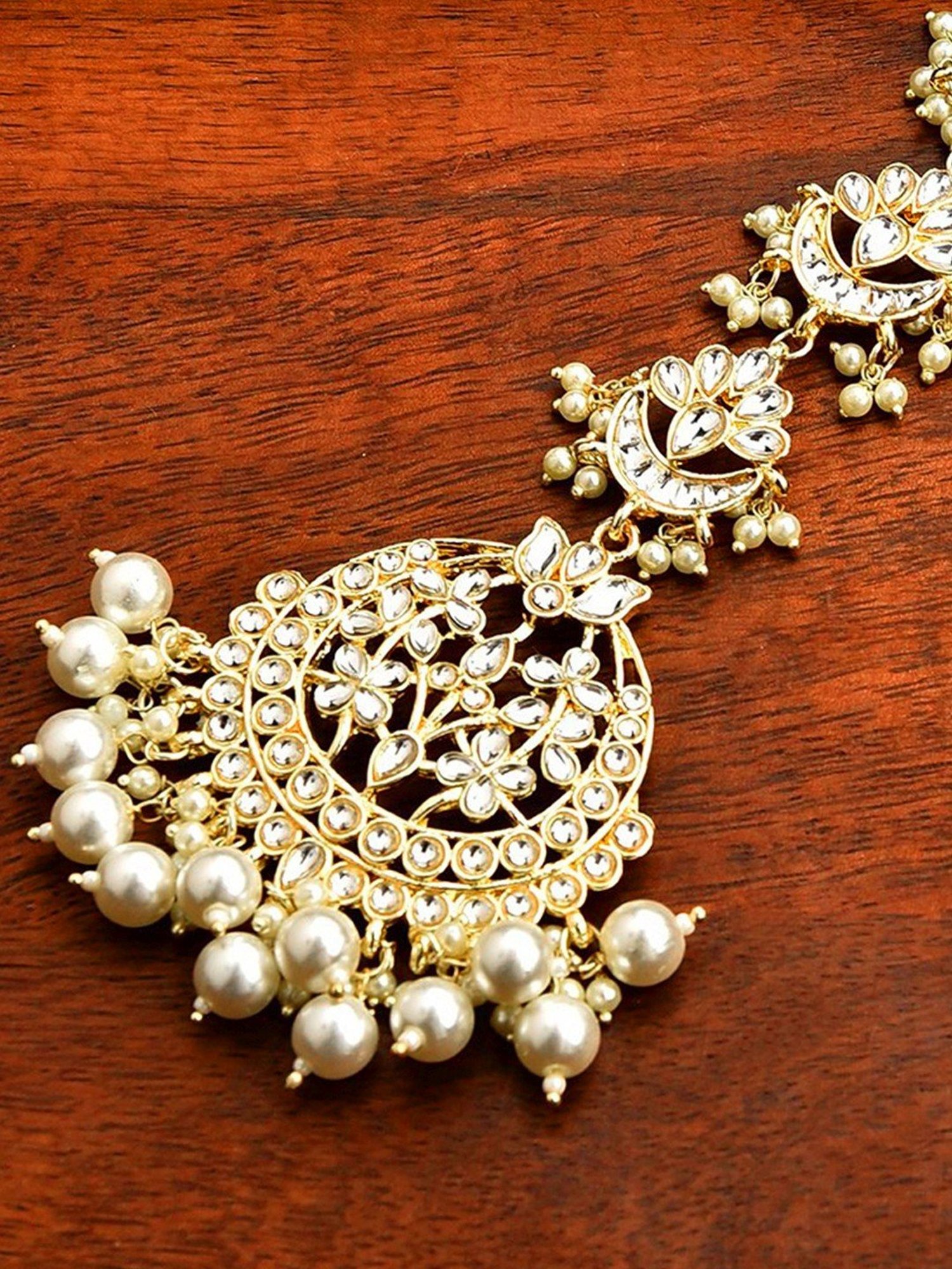 Oomph Gold Tone Kundan & Pearls Lotus Design Large Wedding Maang Tikka