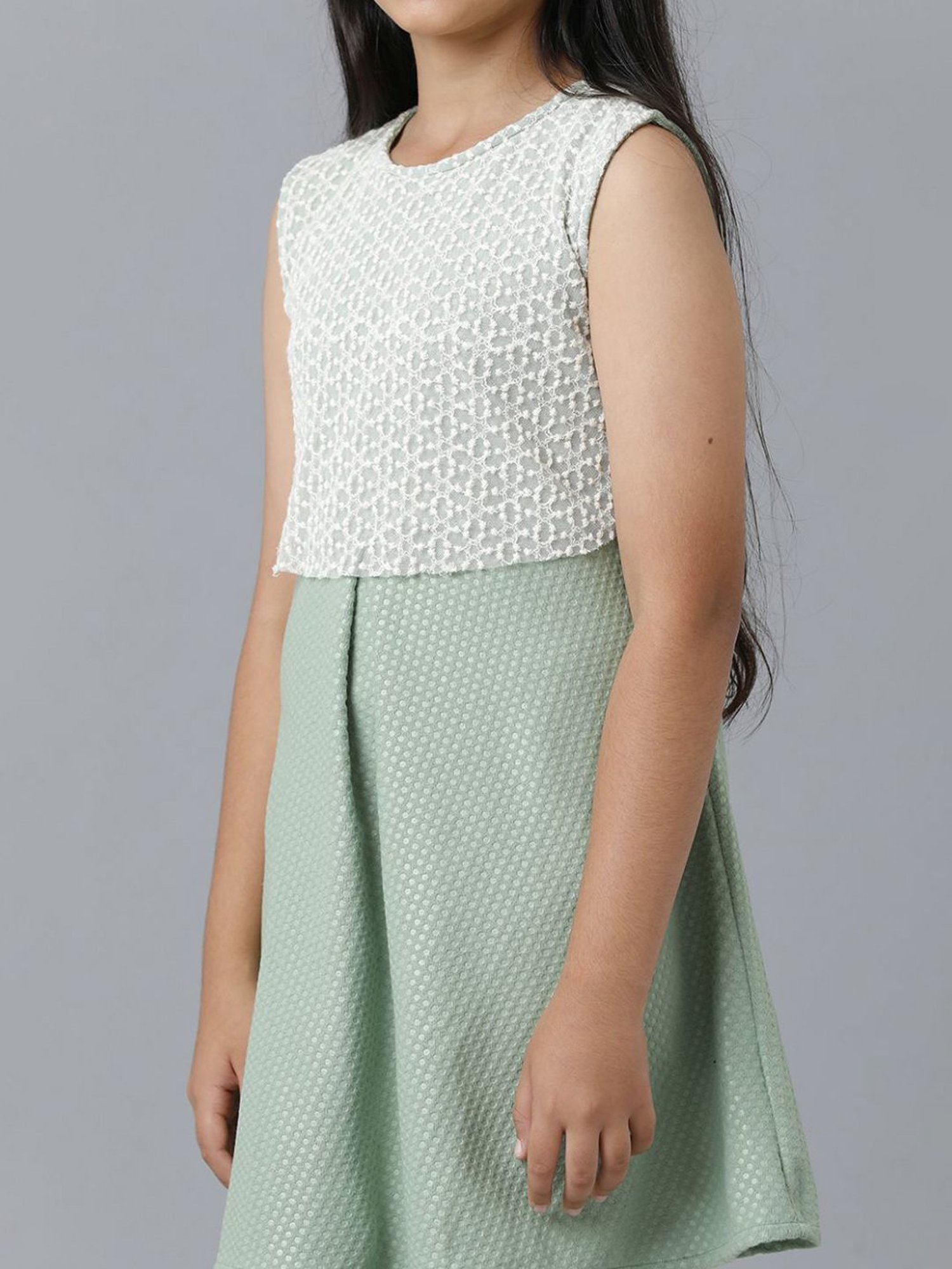 Under Fourteen Only Kids Green Cotton Embossed Dress